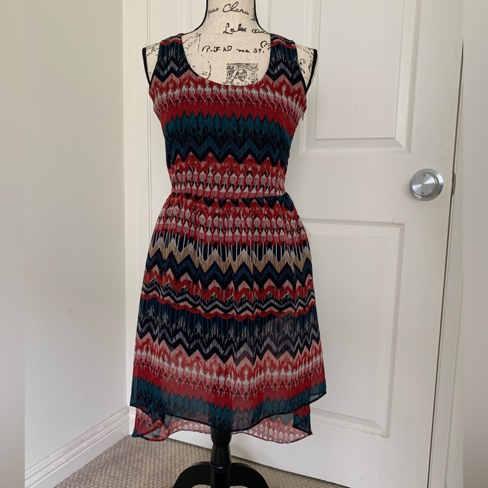 Olive & Oak Boho Red Chevron Aztec Print Sleeveless Midi Dress